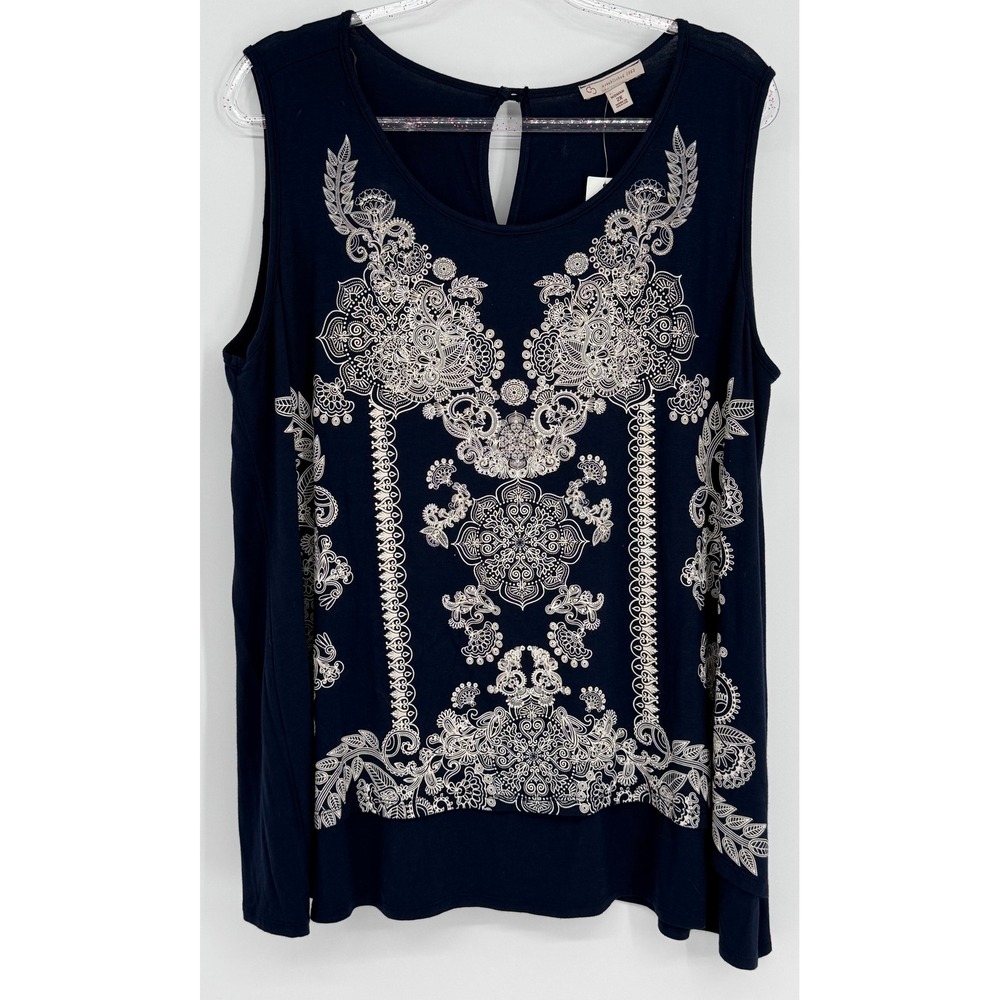 Dressbarn Navy Blue Damask Floral Sleeveless Tank Top Plus Sx 2X NEW